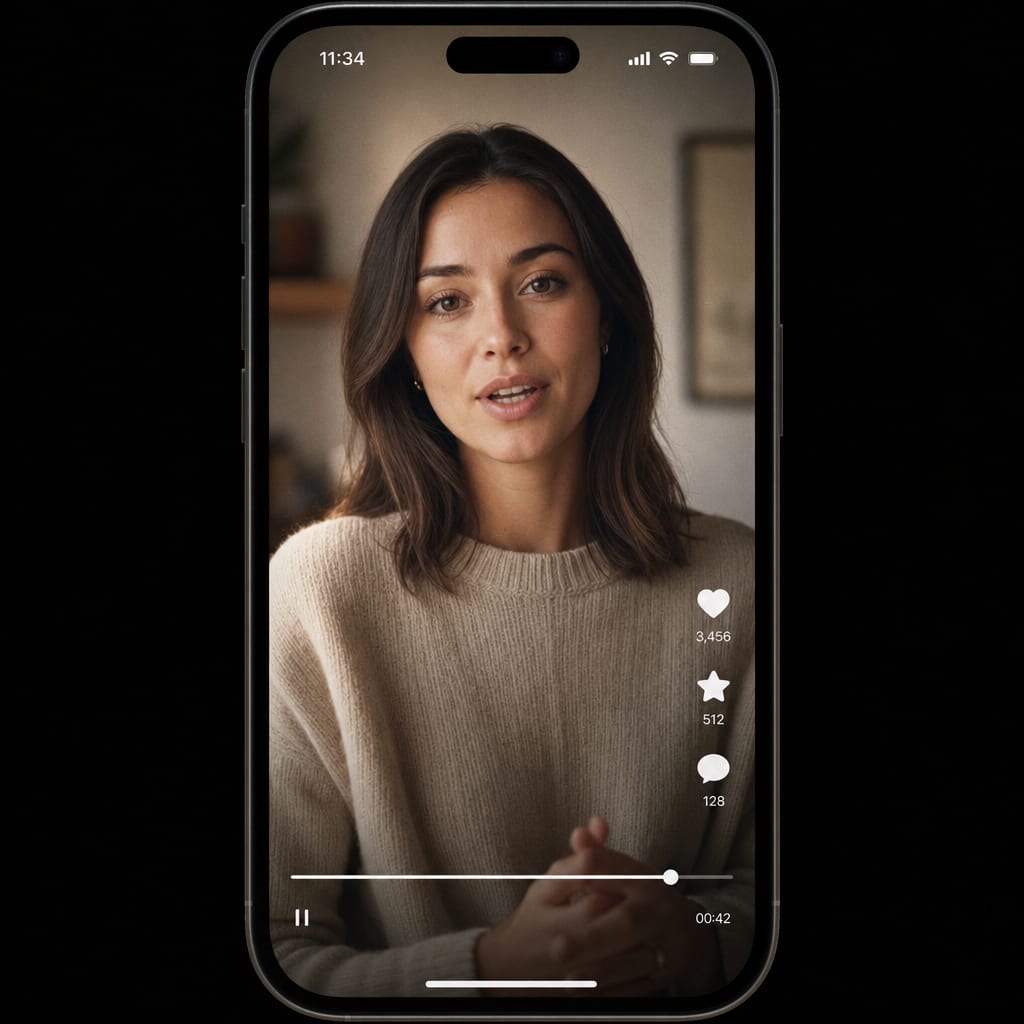 A phone screen showing a RedNote video note paused on an AI avatar presenter speaking to camera in neutral knitwear, the progress bar and the heart, star and speech-bubble rail visible in the interface.