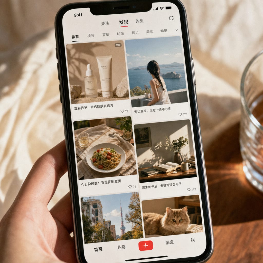 A phone screen showing the RedNote discovery feed, a two-column staggered waterfall of lifestyle note cards, the lead card carrying a small paid-placement label over a sand-toned cover photo.