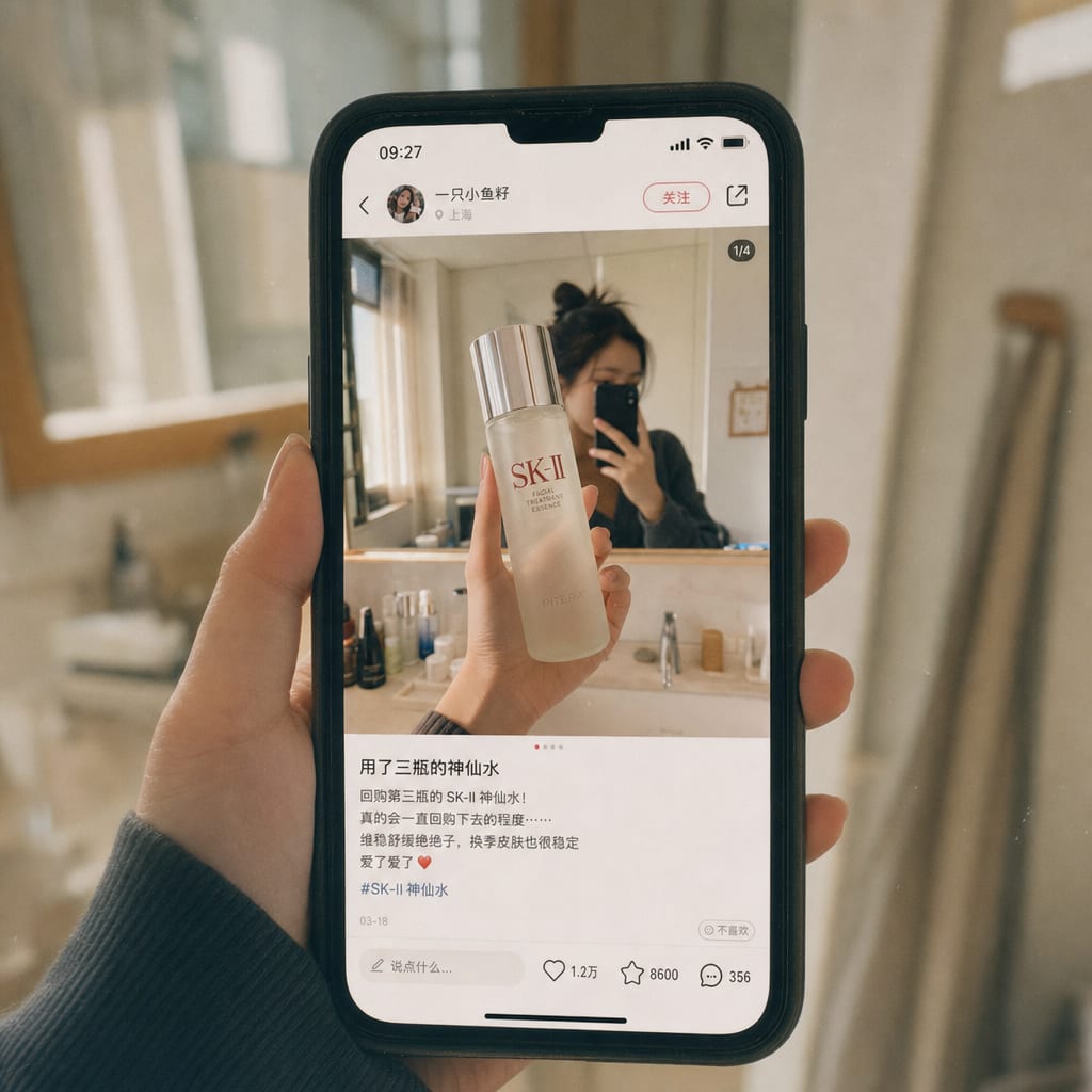 A phone held vertically in a creator hand, the screen showing a candid hand-held RedNote photo note of a cosmetics product held up to a bathroom mirror, the save and like counts visible on the bottom bar of the interface.