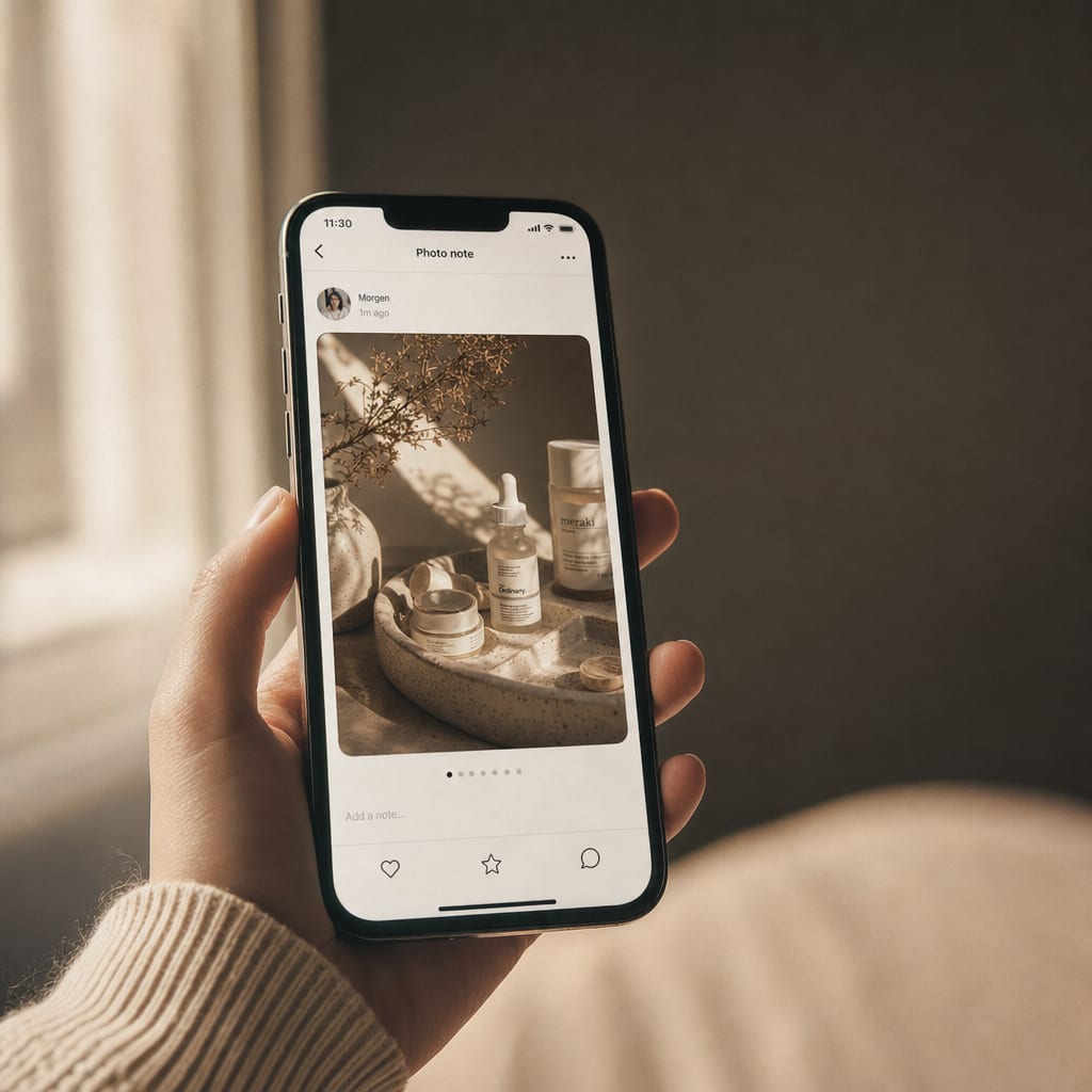 A vertical phone held in soft window light, the screen showing an open RedNote photo note: a swipeable cover image of a warm ceramic skincare flatlay with a row of page dots beneath it and the heart, star and speech-bubble icons along the bottom of the interface.