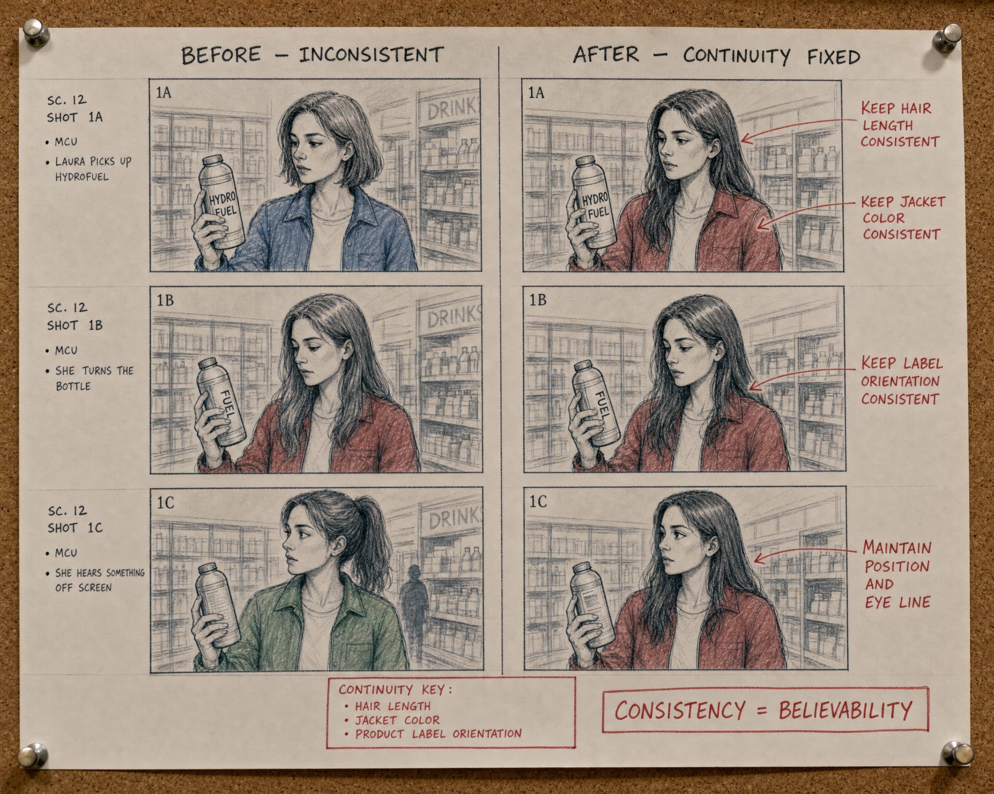 A continuity comparison sheet pinned to a corkboard: inconsistent AI frames on the left, art-director-corrected frames with red notes on the right.