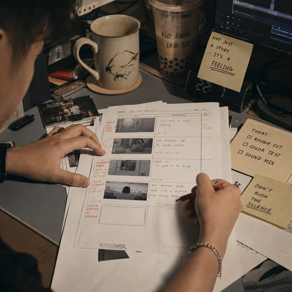 A hand making red ink margin notes on a printed storyboard panel to correct a continuity error.