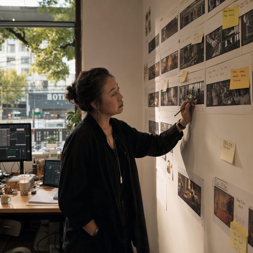 A senior art director marking a pinned storyboard frame in warm afternoon light.