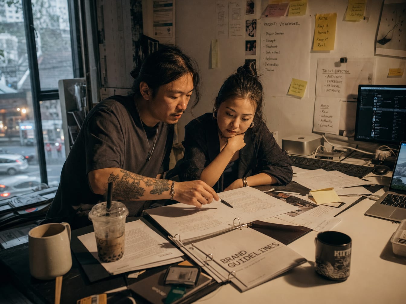 A briefing table with open script pages, a brand guidelines binder and talent reference sheets under warm desk light.