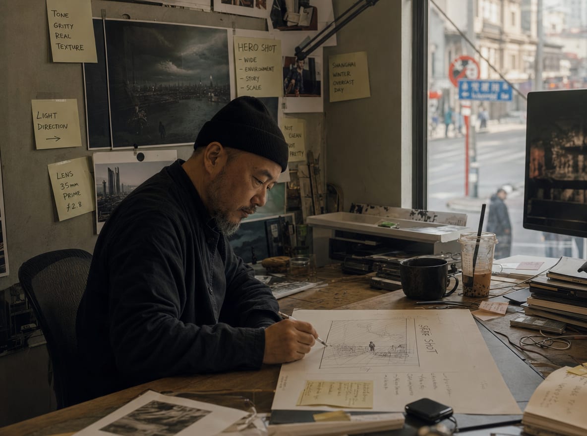 A senior art director at a studio desk drawing the hero shot on a blank storyboard sheet beside pinned reference photos.