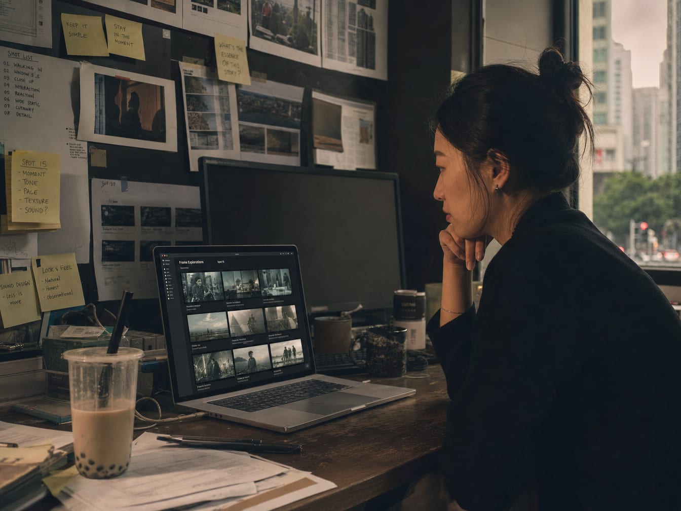 A laptop showing a grid of AI-generated cinematic frame explorations for one spot, with reference sheets pinned behind.