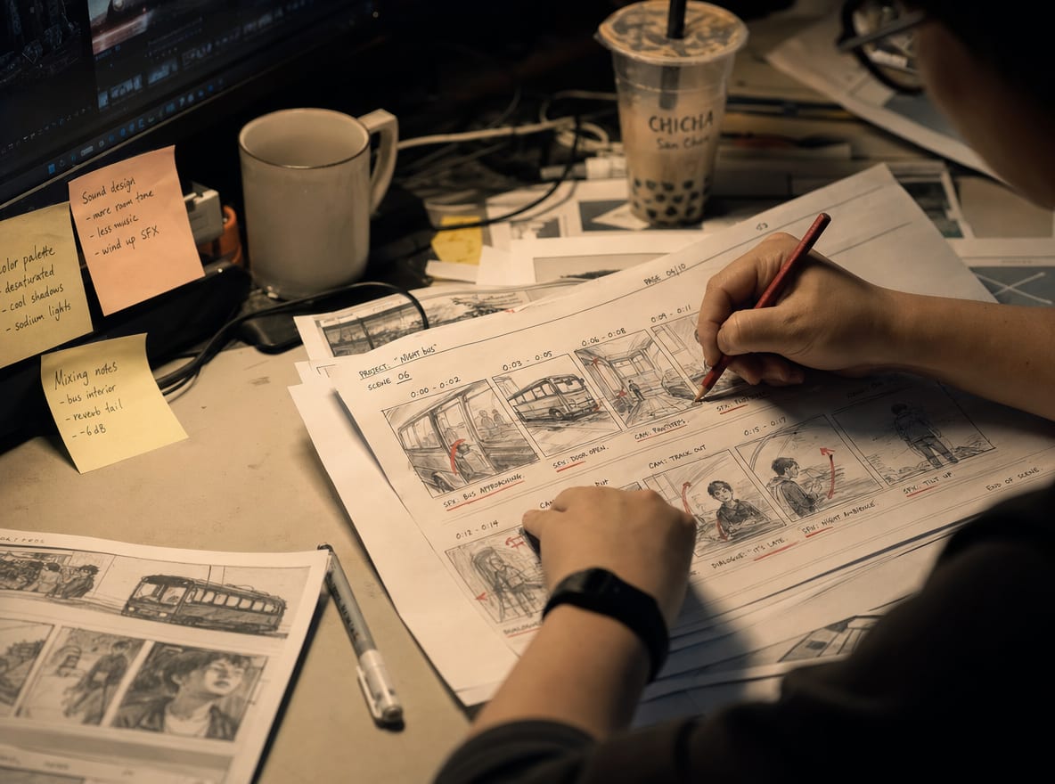A finished storyboard sheet with timing in seconds, camera-move arrows in red pencil and audio cues underlined.