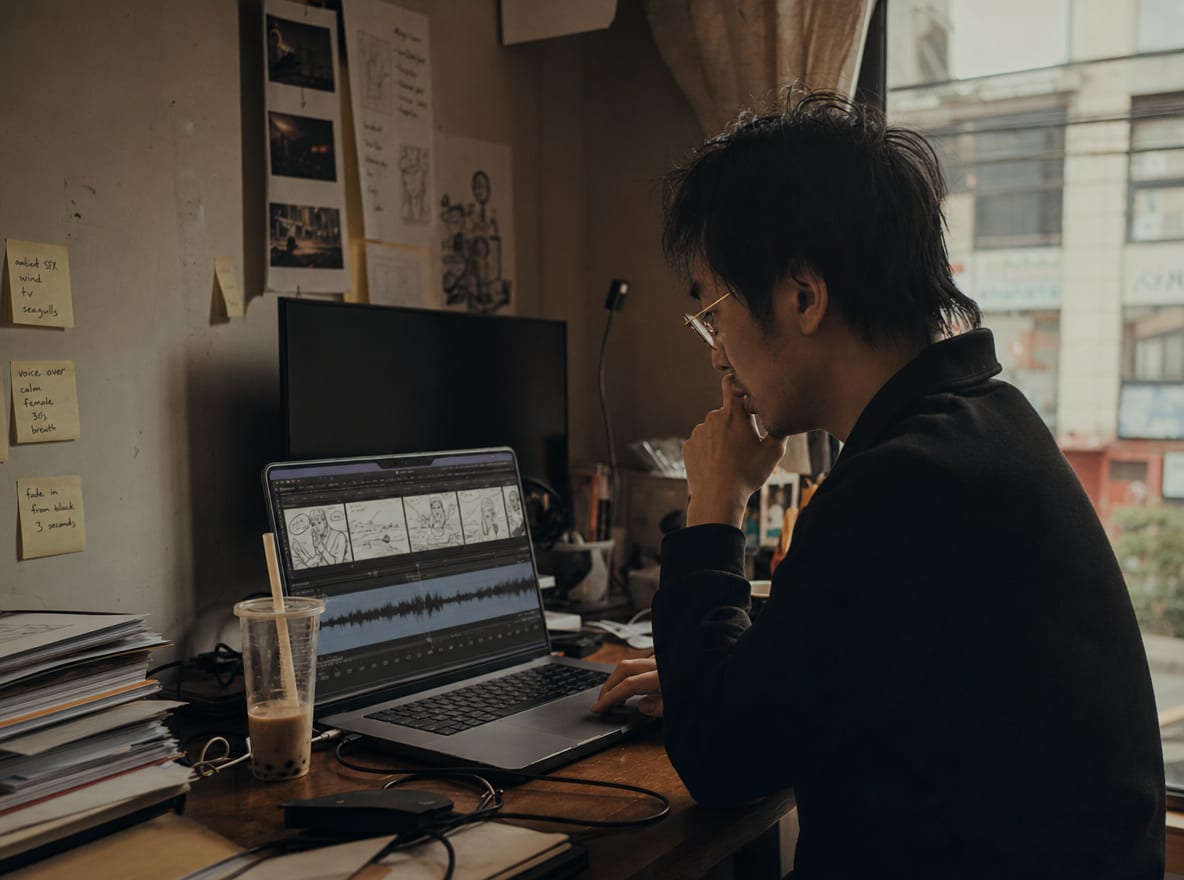A laptop showing an animatic timeline in a video editor with storyboard frames sequenced and a voiceover waveform below.