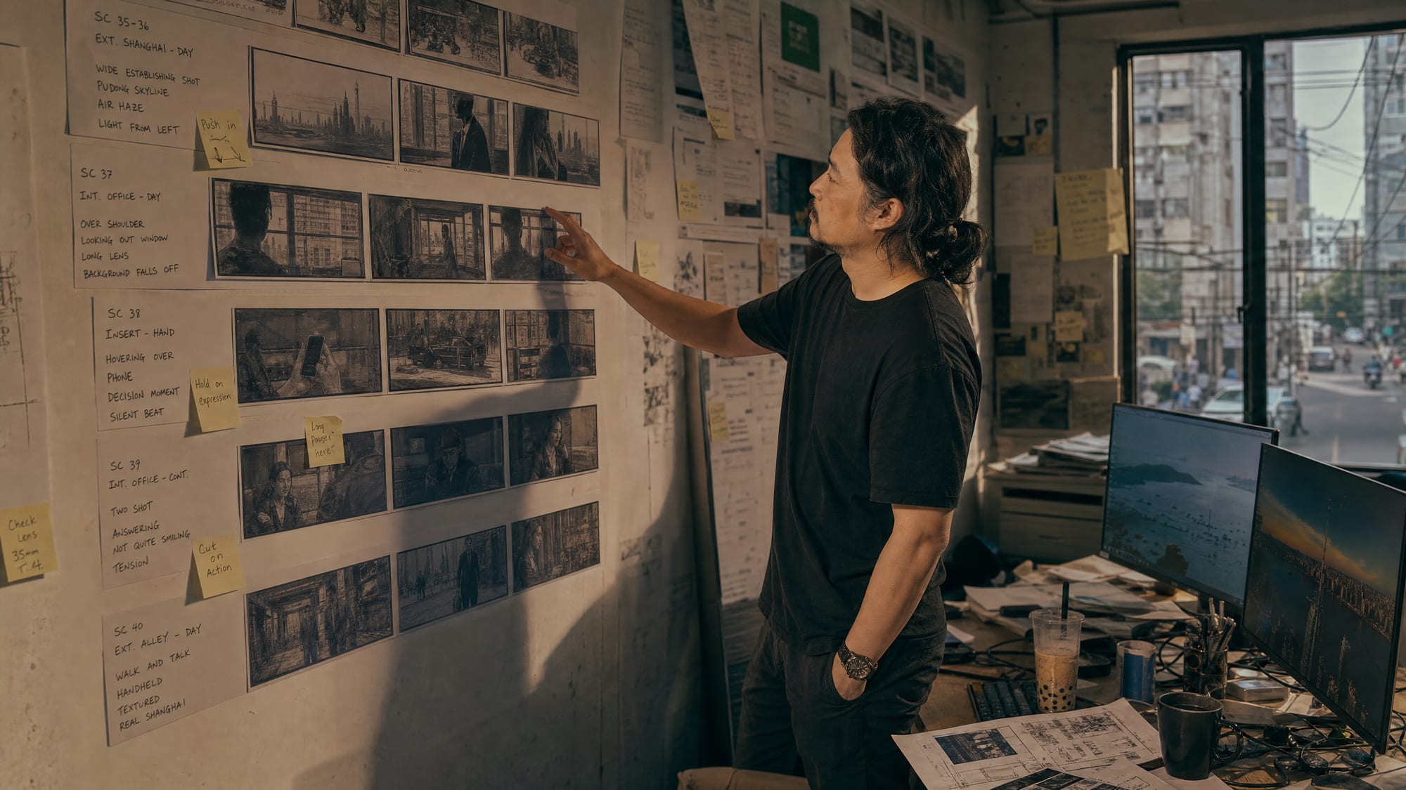 A long studio wall covered in pinned storyboard panels with an art director reviewing a frame in afternoon light.