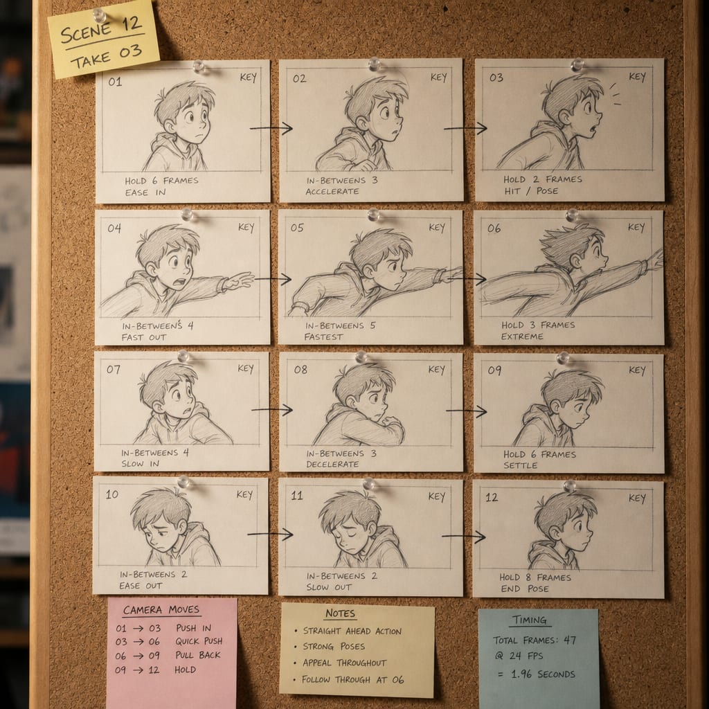 Pencil keyframe poses for a 2D character animation, pinned to a corkboard with in-between counts.