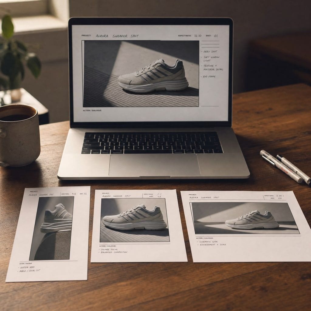 Three storyboard sheets reframing one sneaker spot across vertical, square and widescreen ratios.