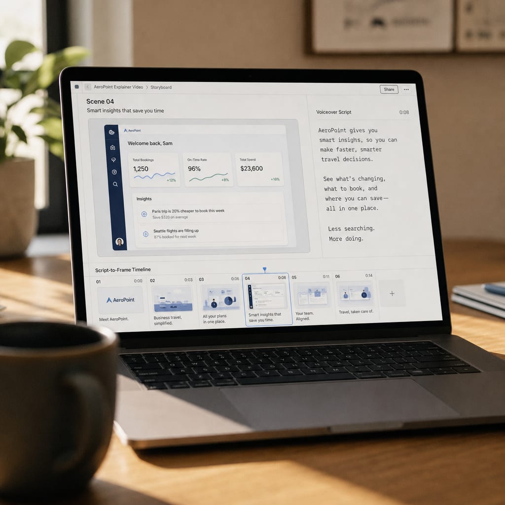 A laptop showing a product UI storyboard panel beside a voiceover script and a script-to-frame timeline.