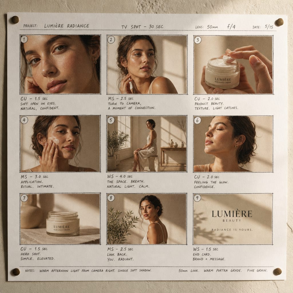 A grid of storyboard panels for a beauty TV spot on a studio wall in afternoon window light.