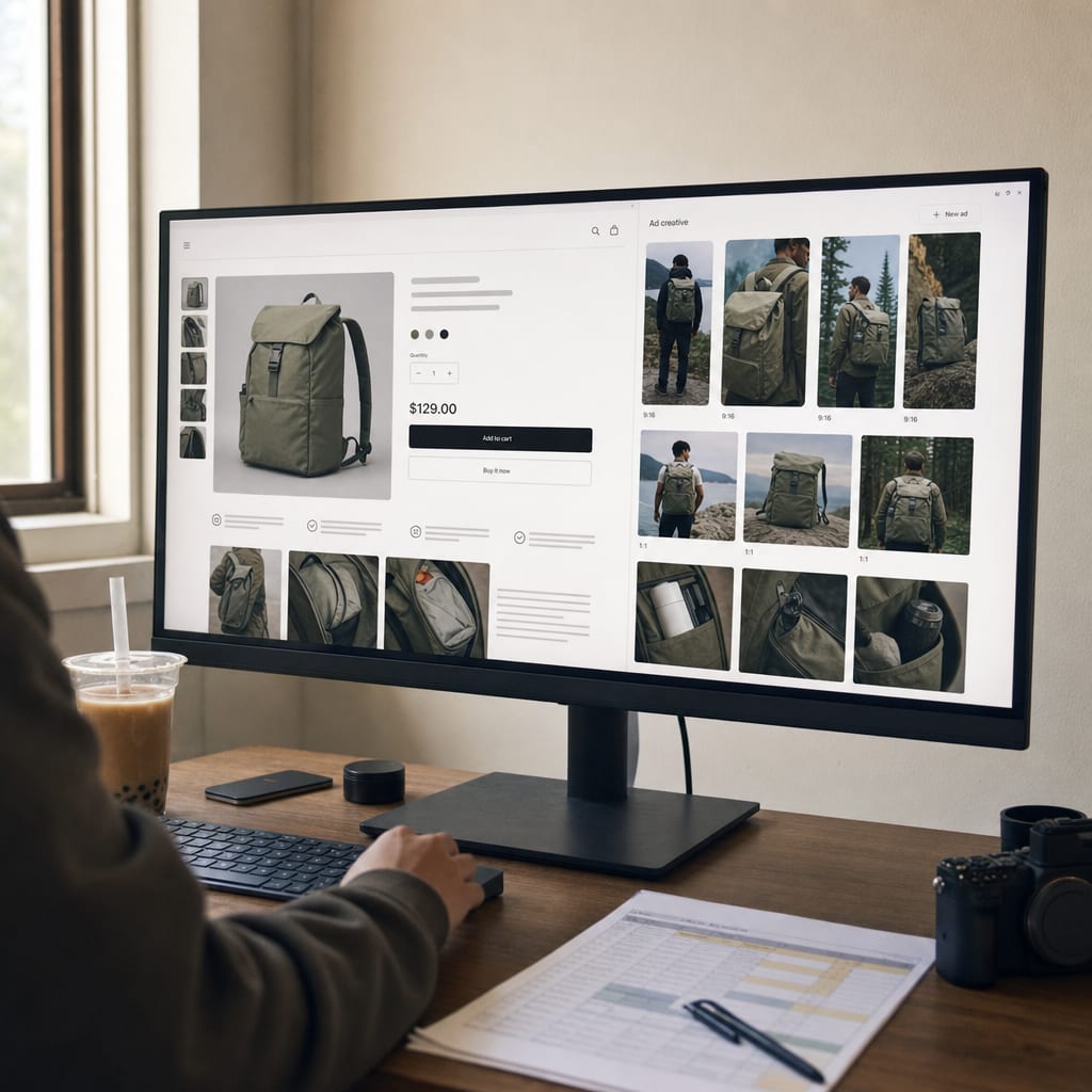 A wide monitor showing a Shopify product page open beside a grid of paid ad variants in vertical and square ratios, the storefront price and add-to-cart button visible in the open tab.