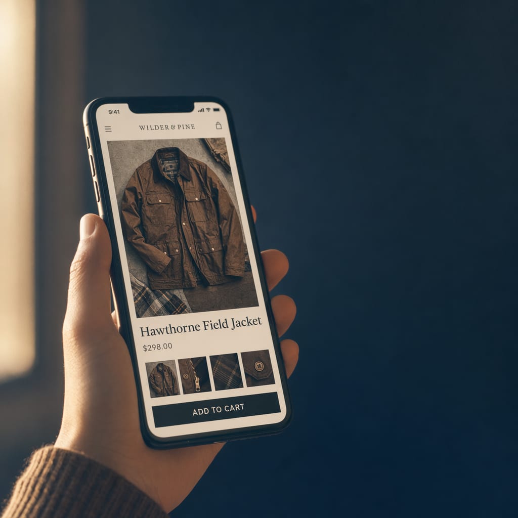 A hand holding a phone in warm rim light showing a Shopify storefront product page.