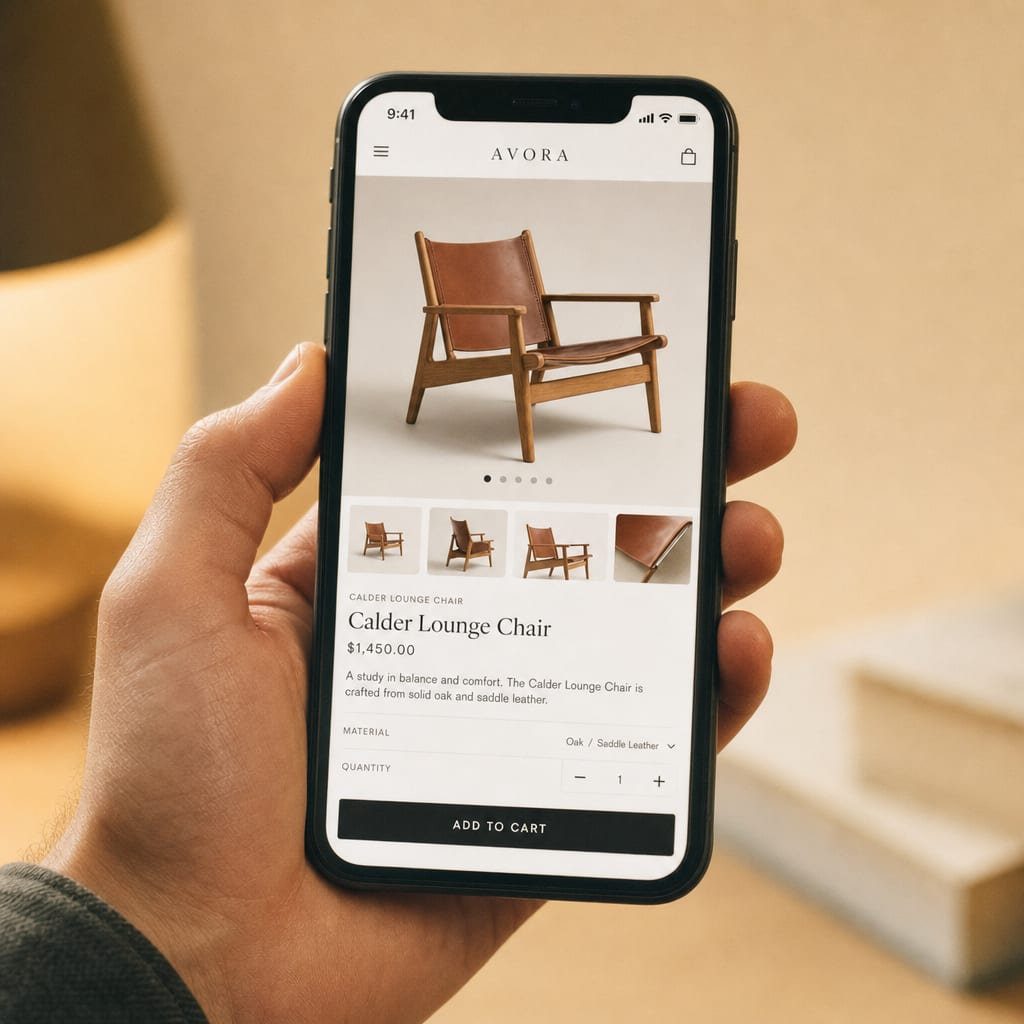 A close cinematic detail of a hand holding a phone vertically against a soft cream background, the screen filled with a Shopify product page including the image gallery, the price and the add-to-cart button.