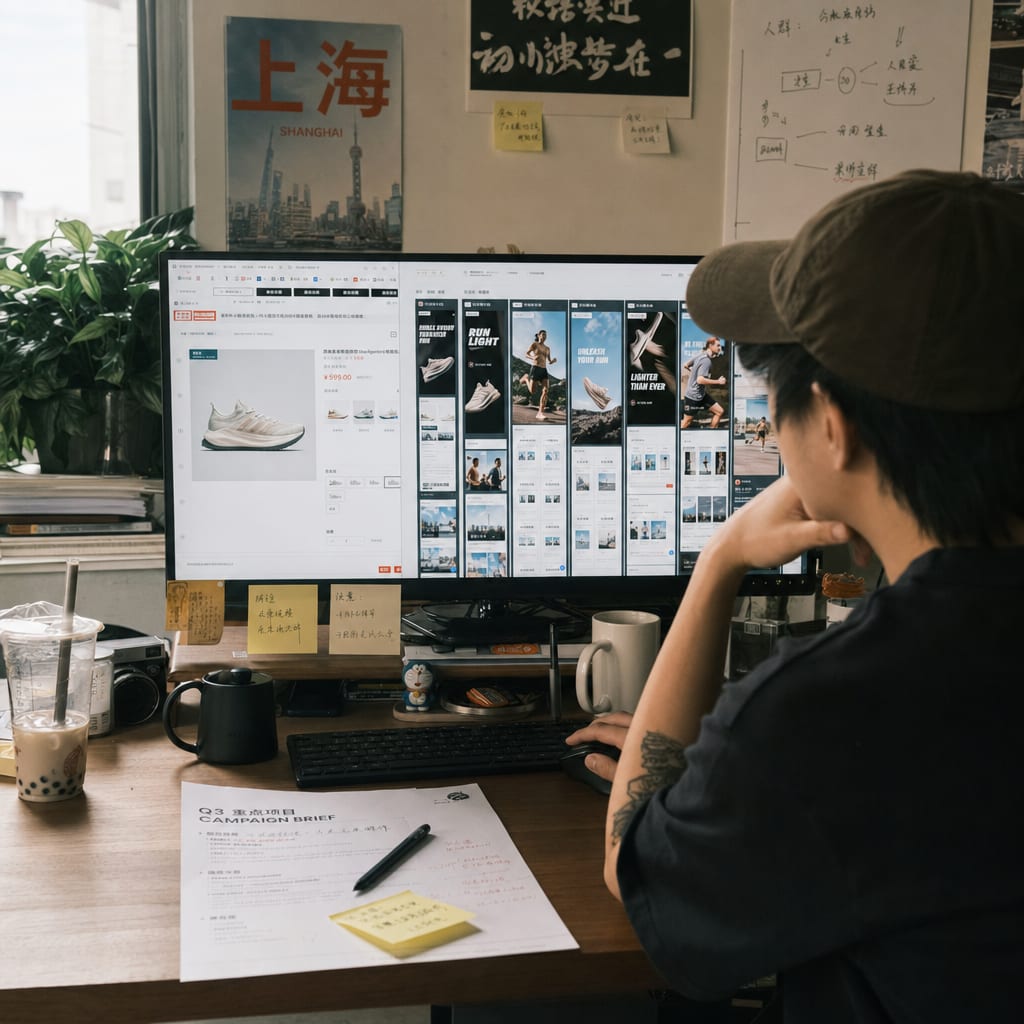 A producer at a wide reference monitor showing a Shopify product page open beside a grid of paid ad variants, the columns tagged across the product, store and ad lanes.