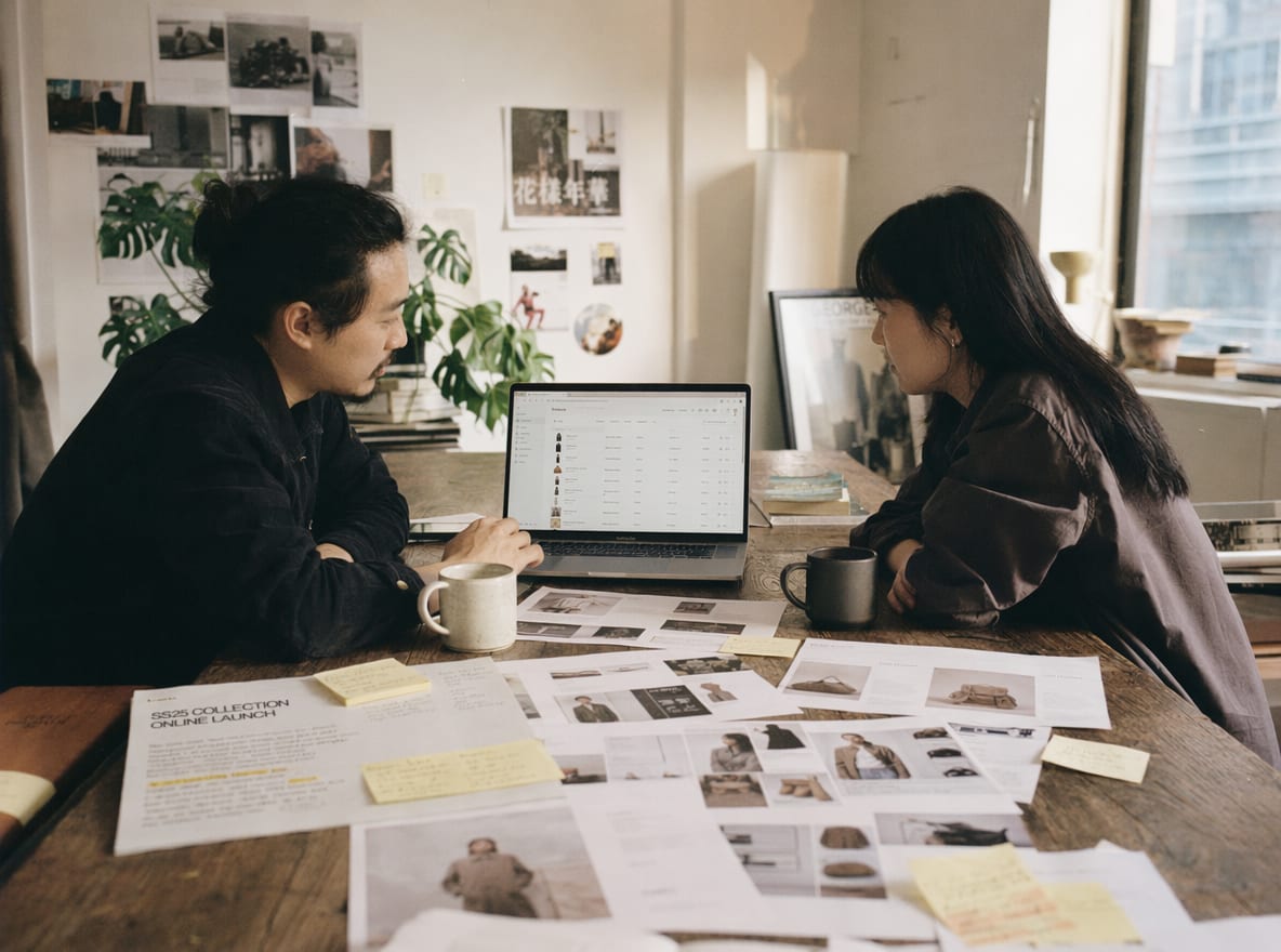 A creative director and a brand lead at a studio table, a laptop between them showing the Shopify admin product list alongside printed product-page and collection-page screenshots.