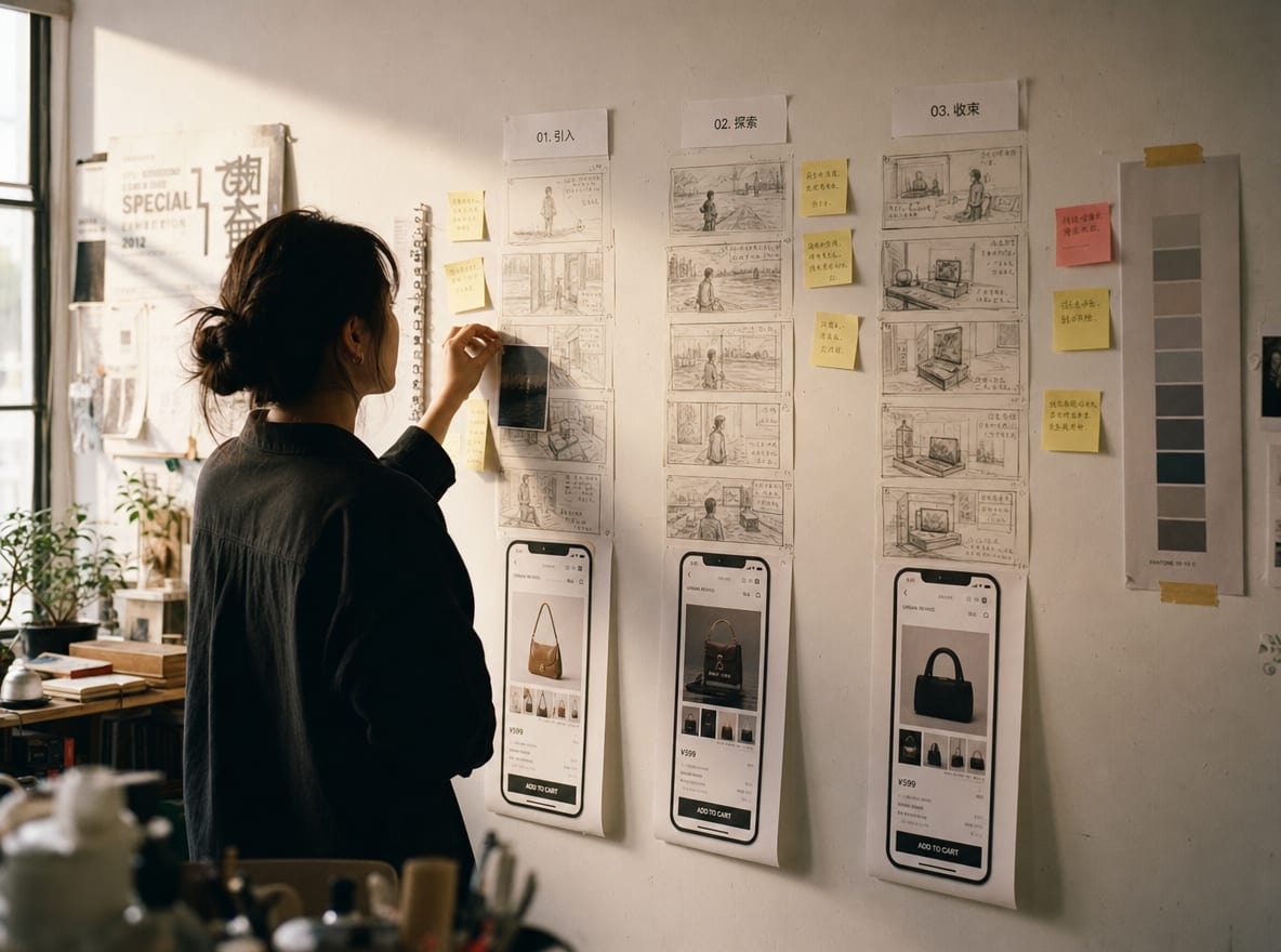 A storyboard wall with three columns of frame sketches labeled Product, Store and Ads, each column anchored by a printed Shopify product-page phone mock.