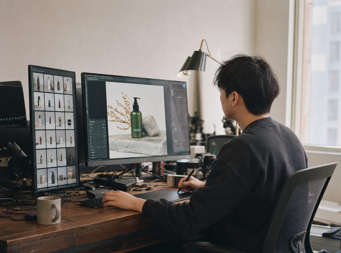 A retoucher at a calibrated workstation, the main monitor showing a single Shopify product-page hero image, the side panel showing a grid of catalog product thumbnails in the Shopify admin.