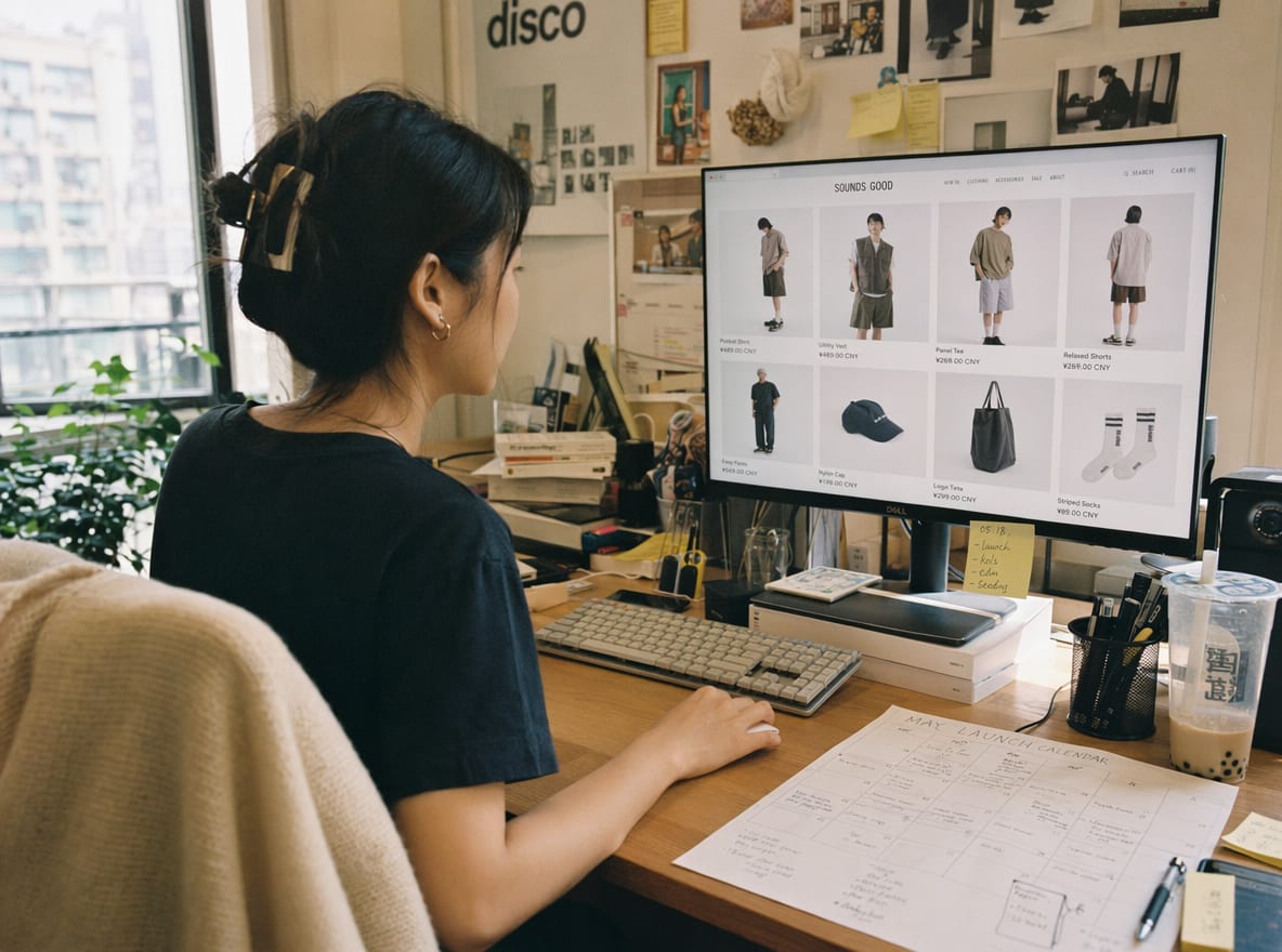 A merchandiser at a daylit studio desk, the calibrated monitor showing a live Shopify storefront collection page with a published product grid.