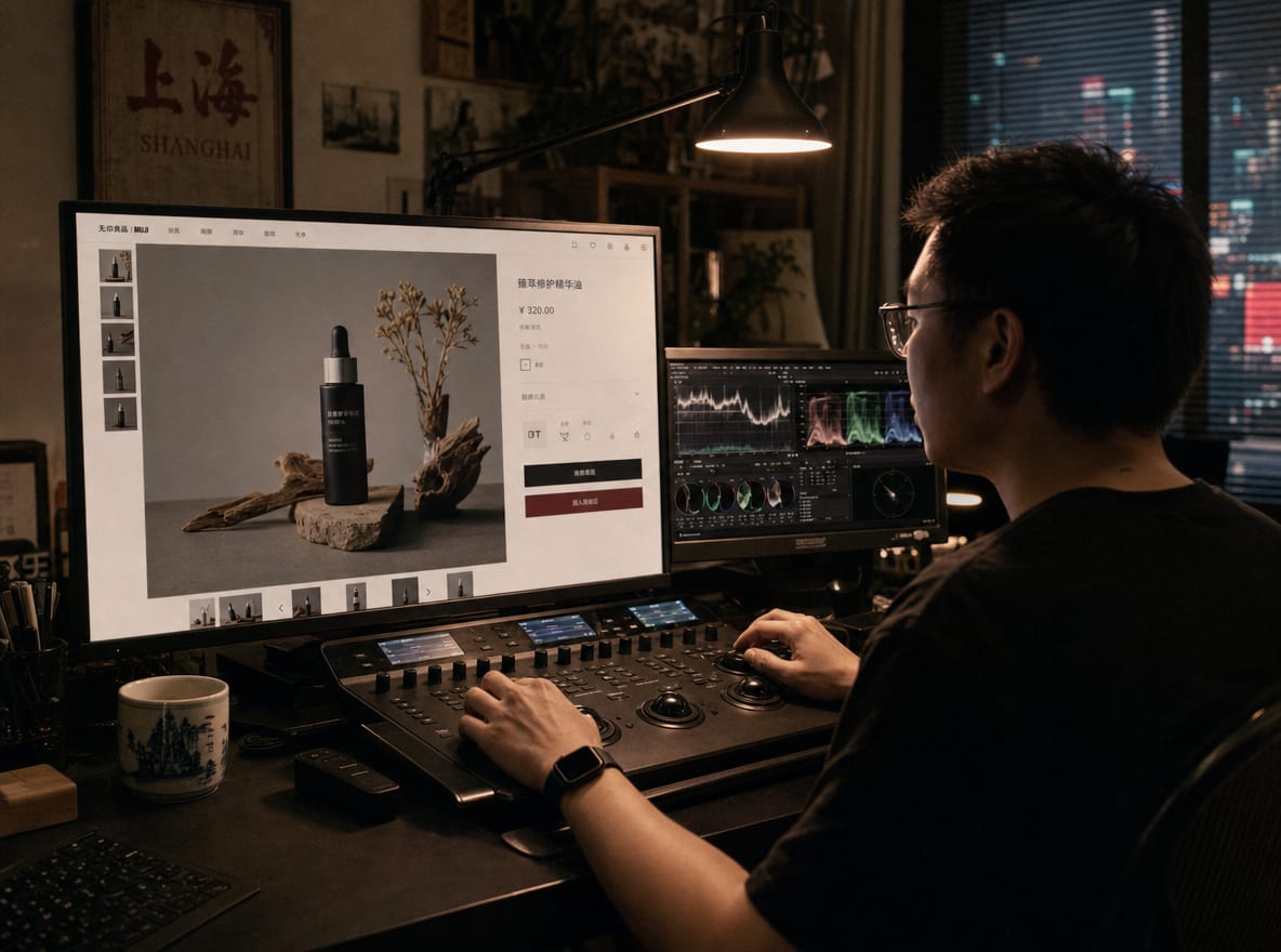 A colorist at a calibrated grading suite, the reference monitor showing a warm Shopify product-page image paused on a styled product still, the storefront price and gallery thumbnails visible at the screen edges.