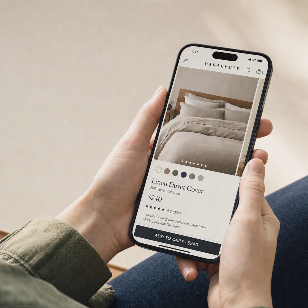A phone held in both hands showing a Shopify product detail page: a swipeable image gallery at the top, the product title and price below it, and an add-to-cart button fixed at the bottom of the storefront interface.
