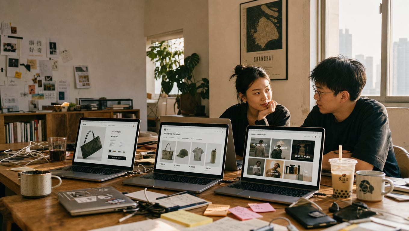 A wide editorial shot of two designers at a daylit studio table, three laptop screens lined up showing a Shopify product detail page, a Shopify collection page grid and a library of paid ad variants, one per service lane.
