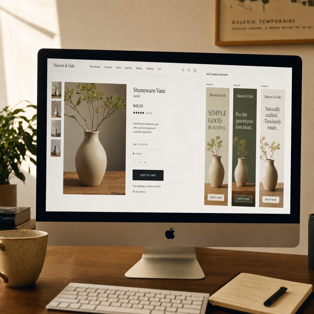 A desktop screen with a Shopify product page open in one window and three vertical ad creative variants lined up beside it, the storefront price and add-to-cart button visible in the open page.