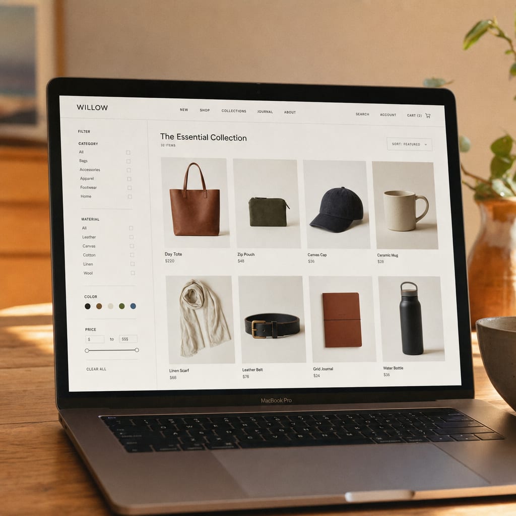 A laptop screen showing a Shopify collection page: a grid of product cards each with a photo, a name and a price, filter controls down the left and a cart icon in the theme navigation.