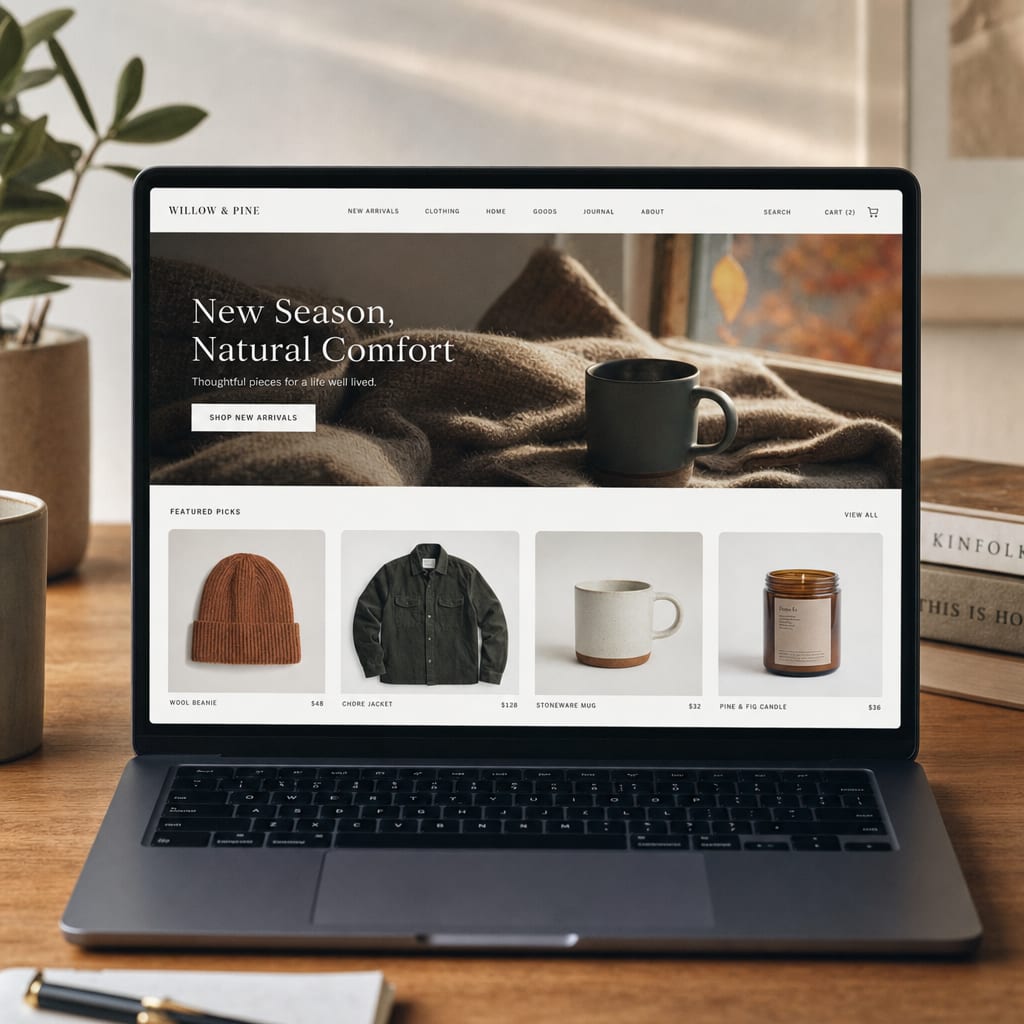A laptop screen showing a Shopify storefront homepage, a full-width seasonal hero banner above a featured product row, the theme navigation and cart icon along the top.