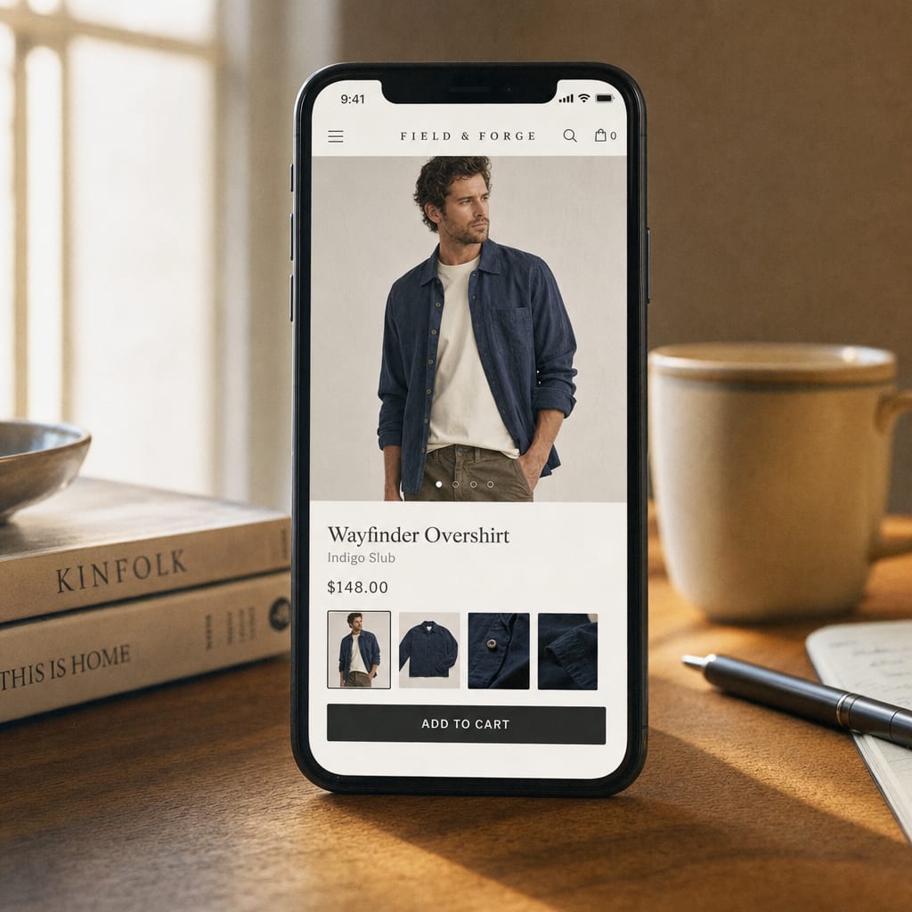 A vertical phone held in soft window light, the screen filled with a Shopify product detail page: a large on-model product photo, the title and price beneath it, and the add-to-cart button at the bottom of the storefront interface.