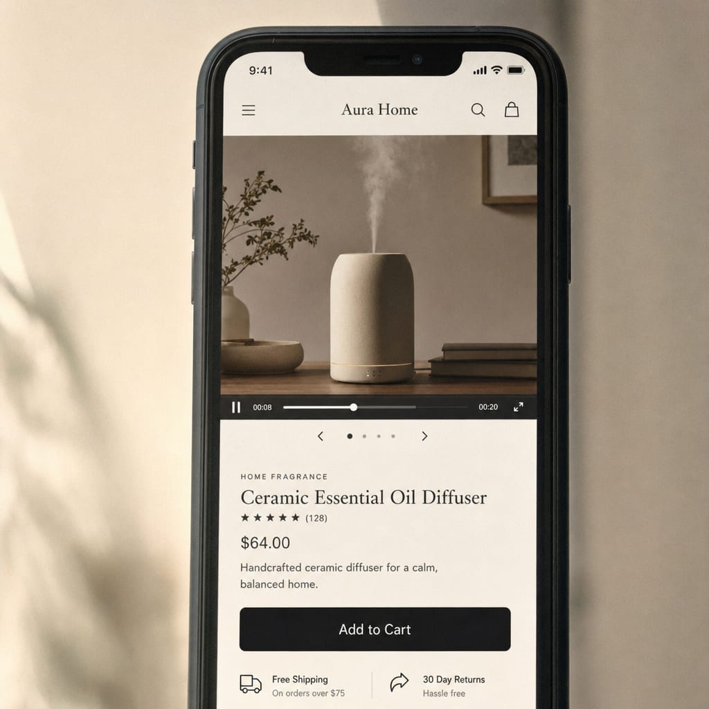 A phone screen showing a Shopify product page with a product video playing in the gallery, a progress bar across the clip and the title, price and add-to-cart button visible below in the storefront interface.
