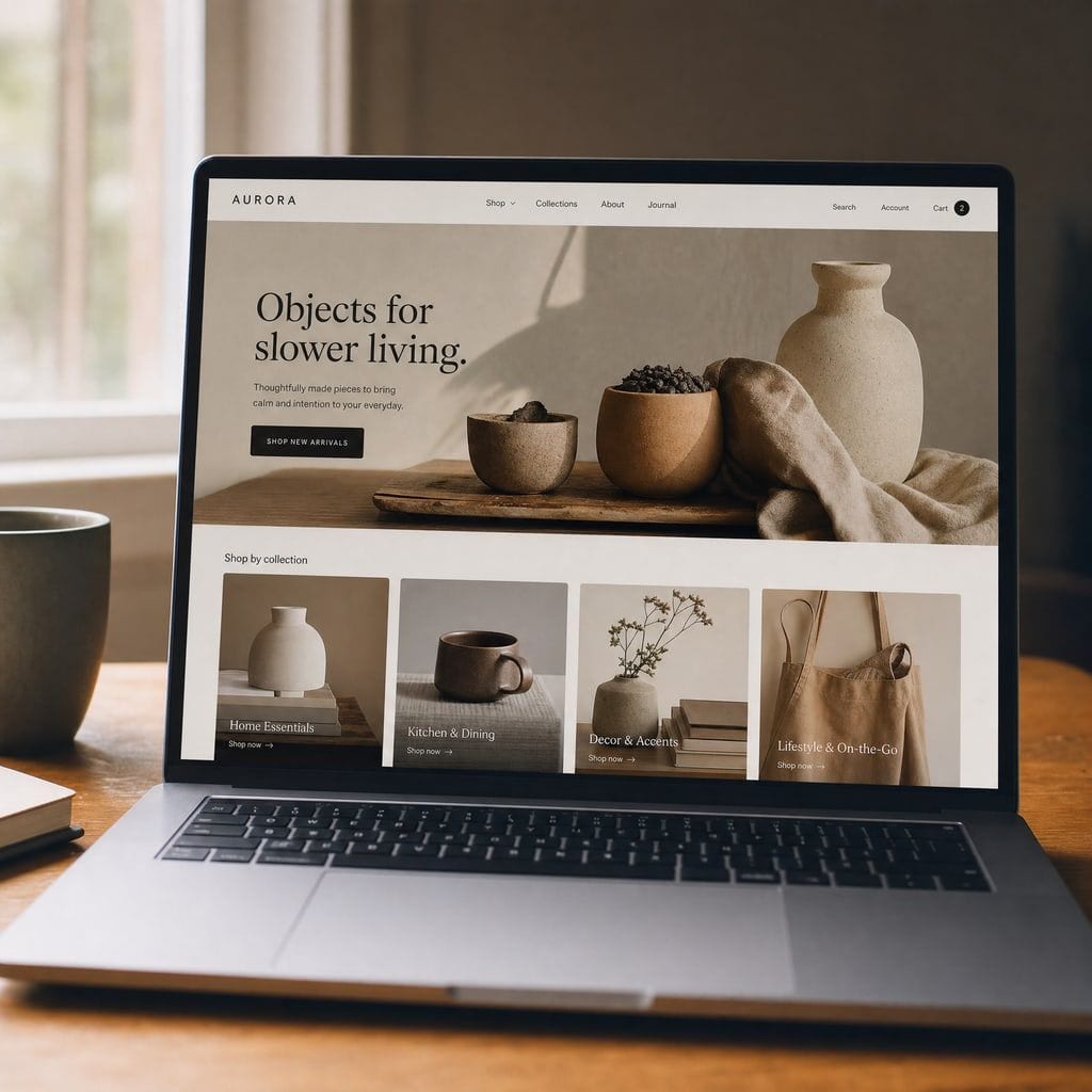 A laptop screen showing a Shopify storefront homepage: a full-width hero banner across the top, a grid of collection cards below it, and a cart icon in the top navigation of the theme.