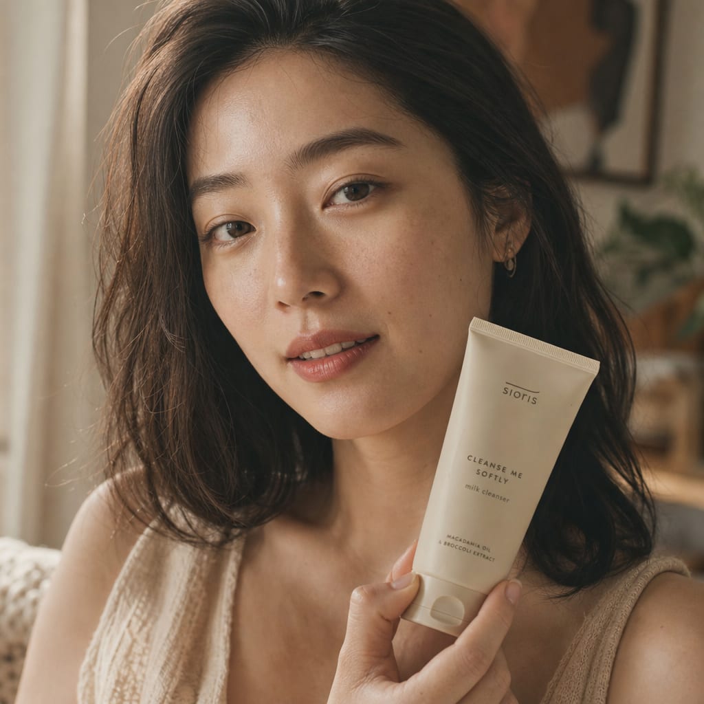 A young Chinese KOC content creator holding a tube of cleanser to camera in a sunlit apartment.