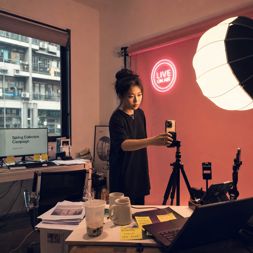 A brand livestream studio set in Shanghai with a softbox, phone tripods and a pink LED back wall.