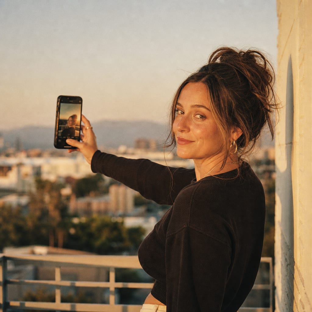 A content creator on a sunlit balcony holding her phone in selfie mode at golden hour.