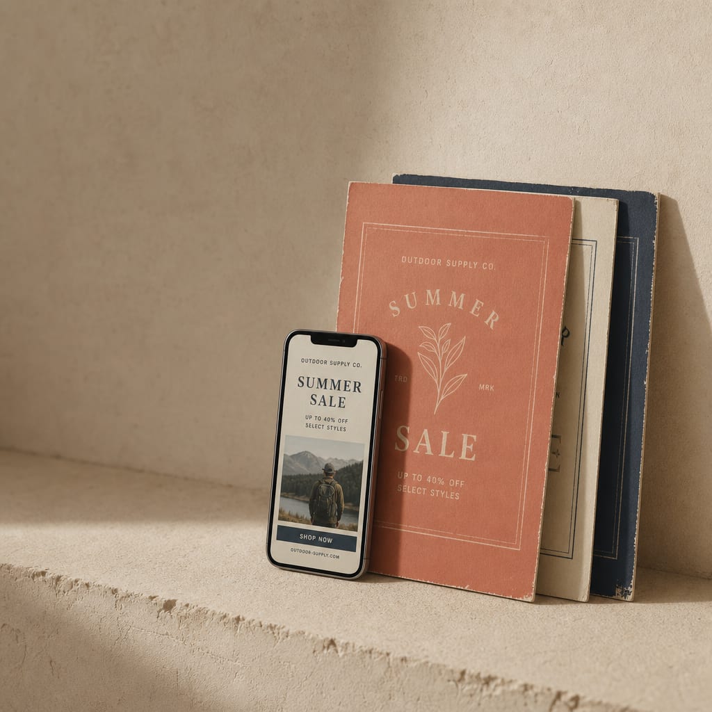 A smartphone leaning against printed paid ad posters on a warm plaster ledge, an example of paid social work.