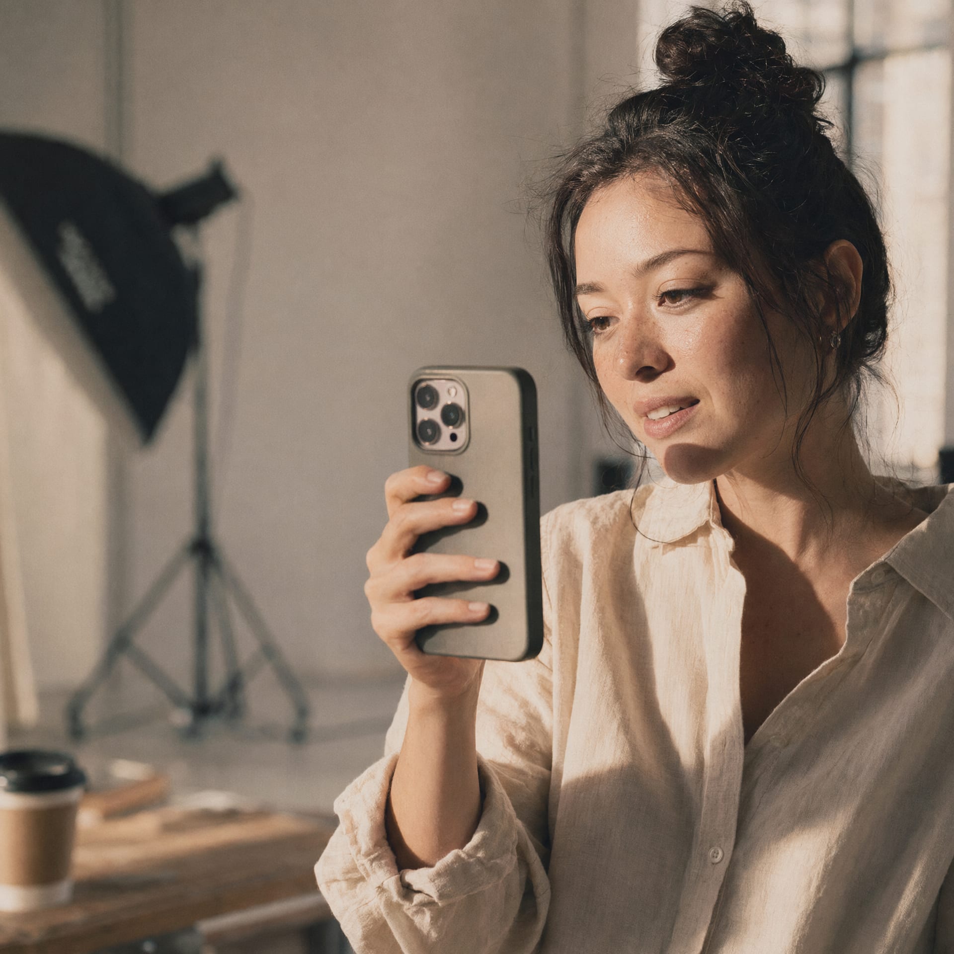 A content creator in a sunlit Shanghai loft holding a vertical smartphone close to her face.