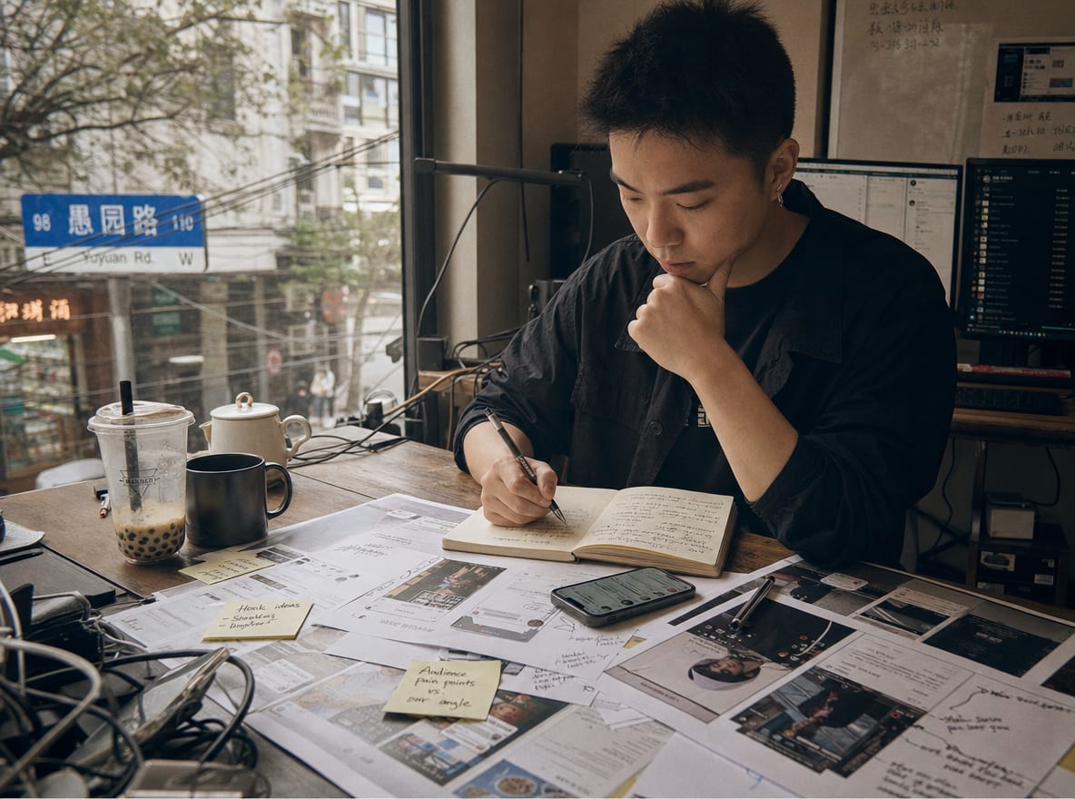 A worktable covered with printed social feed screenshots, a smartphone and a notebook with handwritten notes.