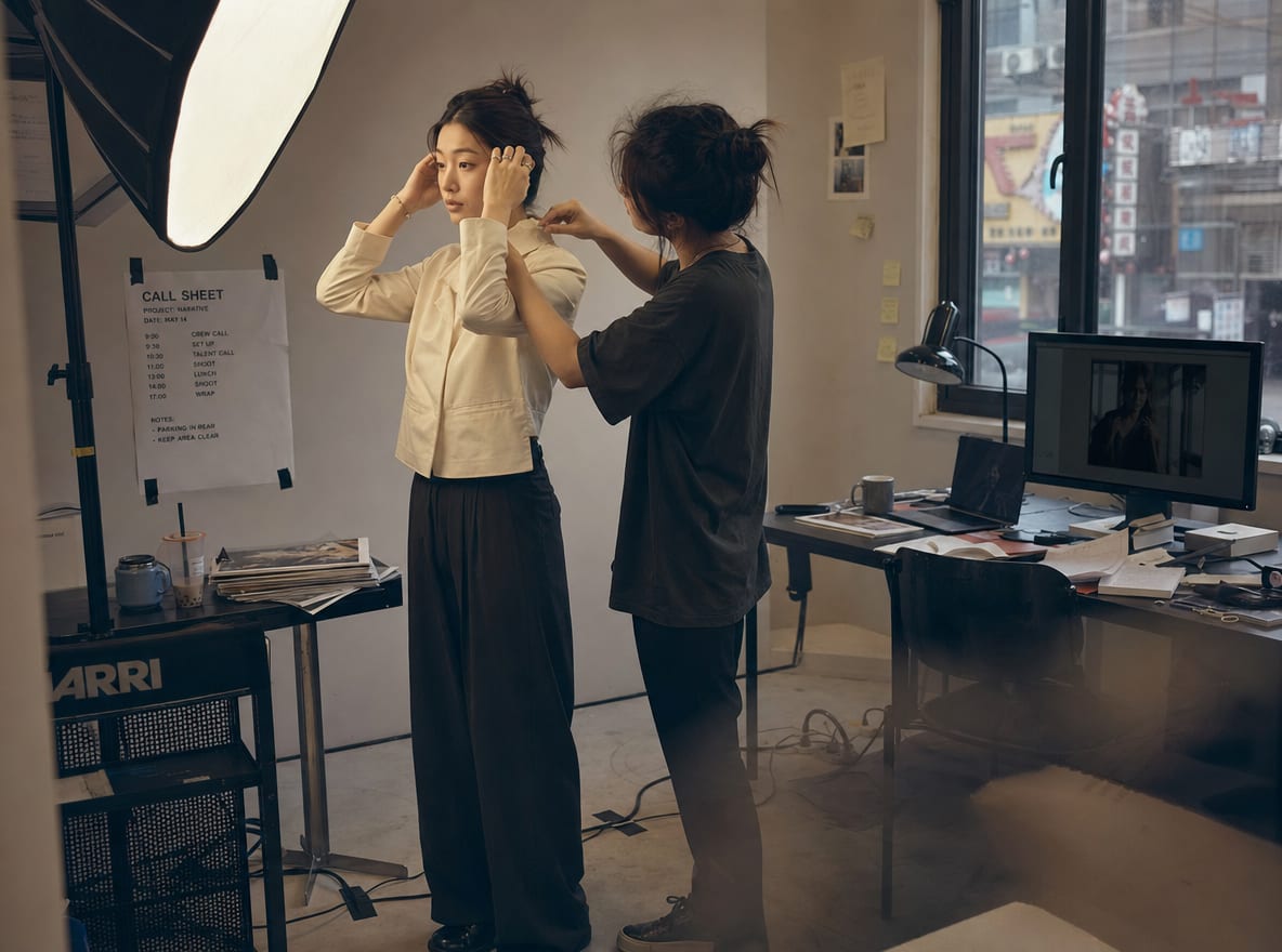 A model adjusting her hair while a stylist tucks a collar on a real photo shoot, softbox on a stand in frame.