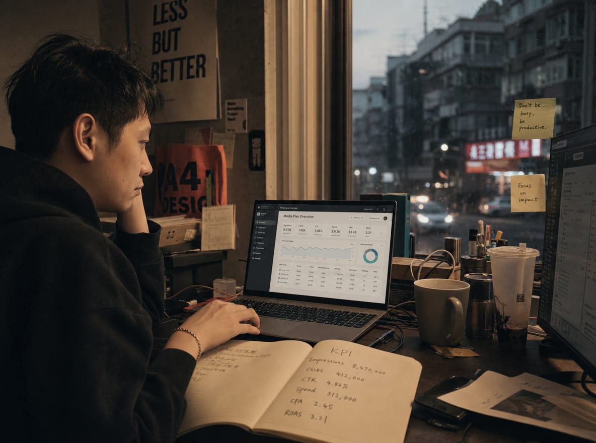 A marketer desk at dusk with a laptop showing a media planning dashboard and a notebook with handwritten KPI numbers.