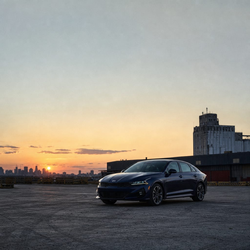 A dark midnight blue sedan on a wide concrete plaza at dusk, lit by ambient sunset.