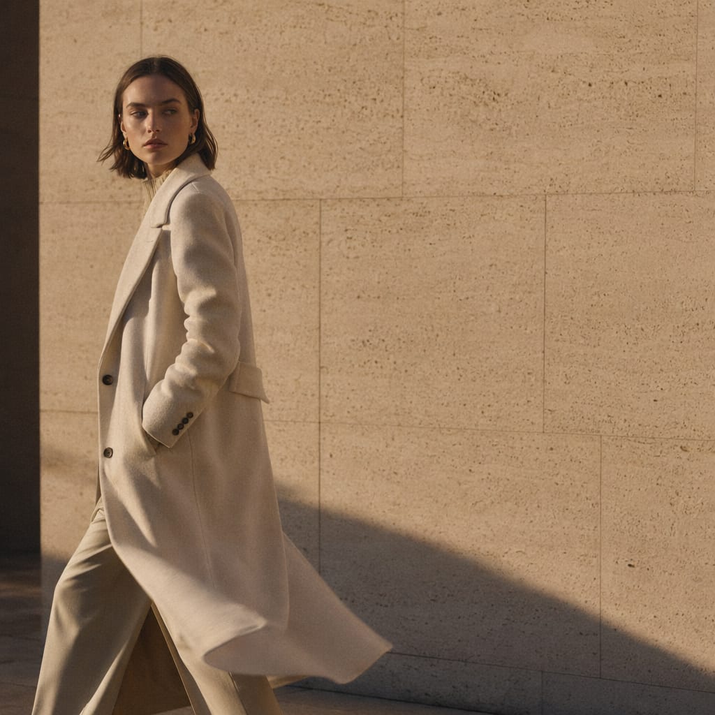 A model in a cream wool coat walking past a sunlit travertine wall at golden hour.