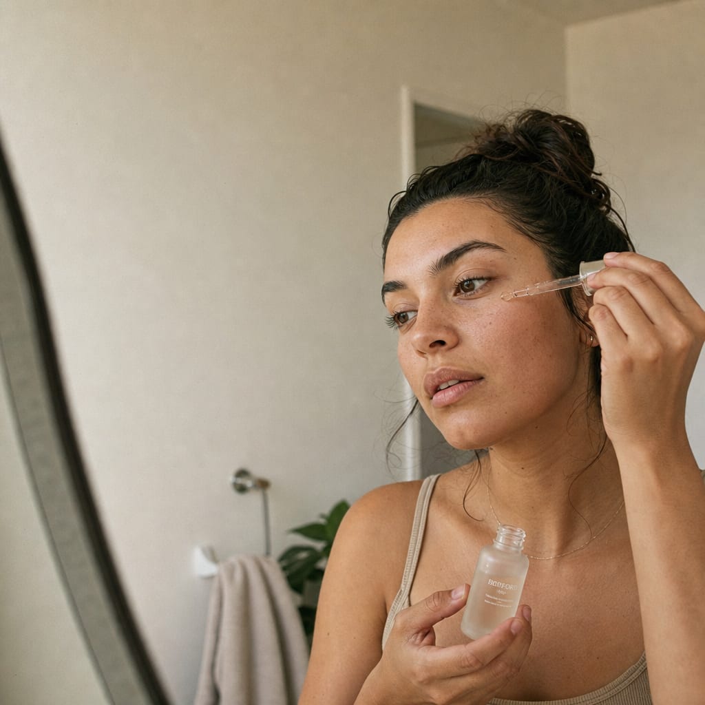 A woman applying a clear serum from a frosted glass bottle, captured as a frame from a vertical beauty short video.