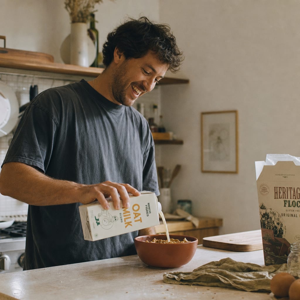 A man laughing while pouring oat milk into a terracotta cereal bowl in a sunlit kitchen, frame from a creator-shot short video.