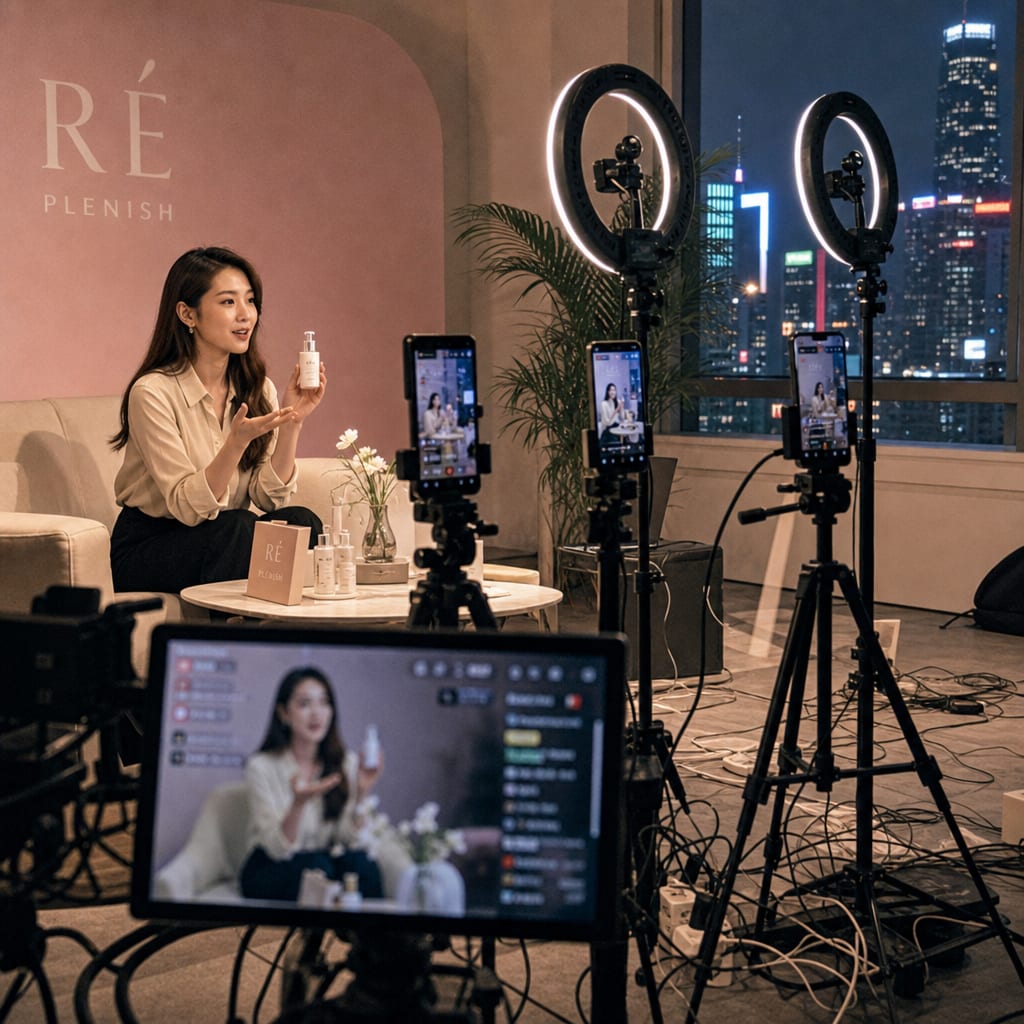 A young woman host gesturing toward a skincare bottle on a pink livestream set with ring lights and phone tripods.