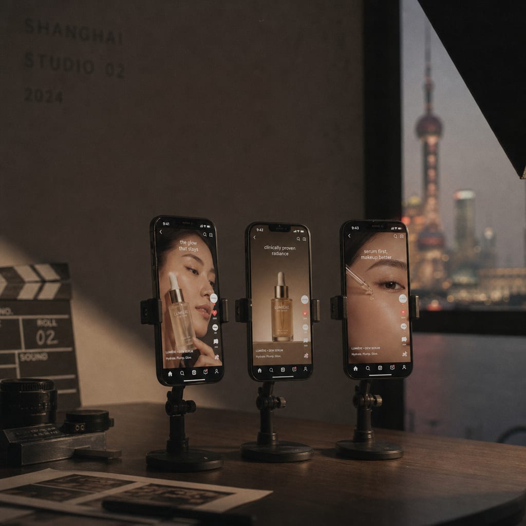 Several vertical smartphones on a production stand showing variant frames of a beauty short-video ad.