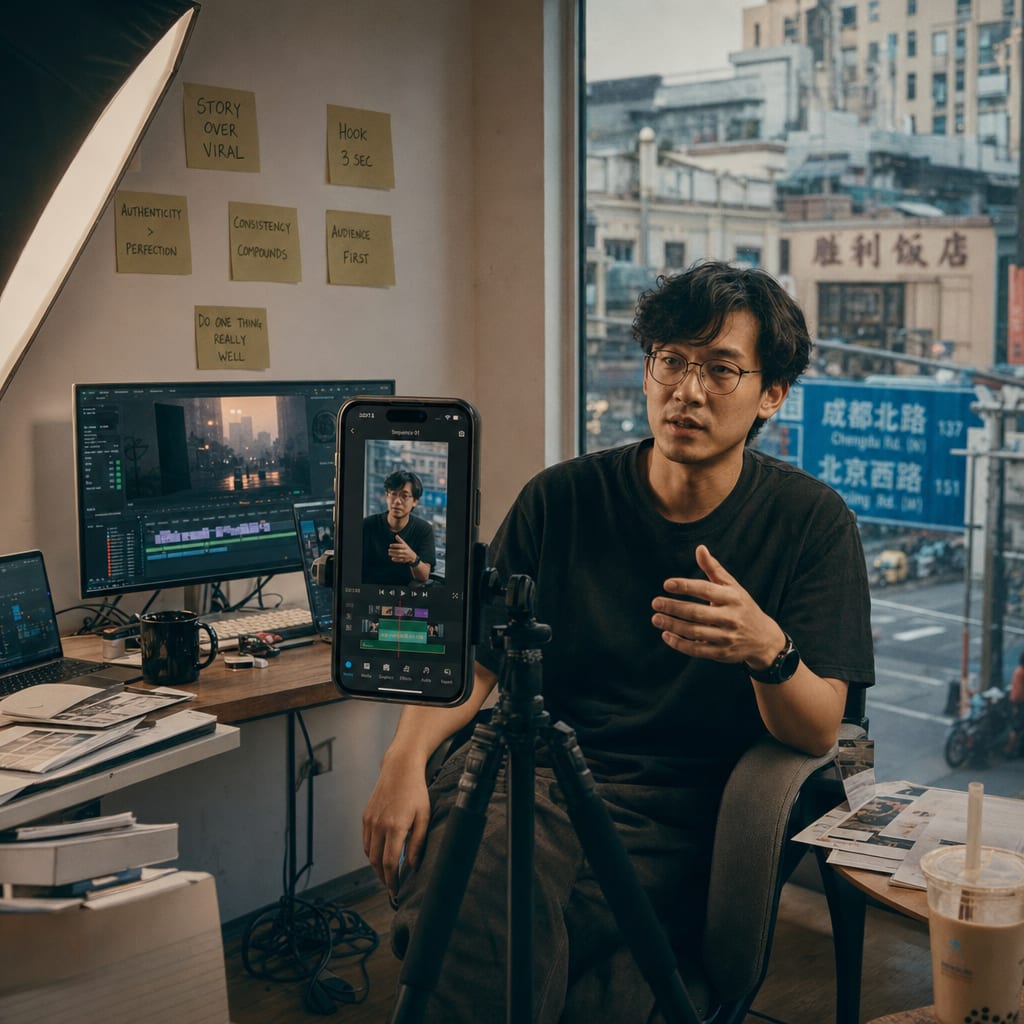A short-video creator filming on a tripod-mounted phone in a warm-lit Shanghai studio.
