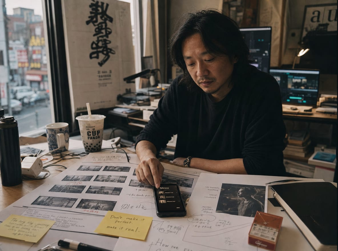 A creative director’s worktable with vertical-format storyboards, tear-sheets and a phone showing reference clips.